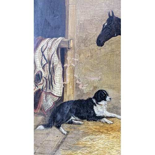 264 - C19th oil study of a horse and working dog in stable, unsigned, framed 66.5 x 79cm. With several are... 