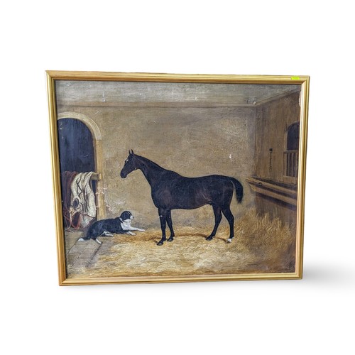 264 - C19th oil study of a horse and working dog in stable, unsigned, framed 66.5 x 79cm. With several are... 