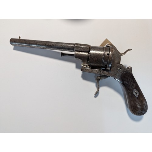 594 - Late 19th century pin firing revolver, circa 1880, possibly Belgian, stamped R, length 26cm