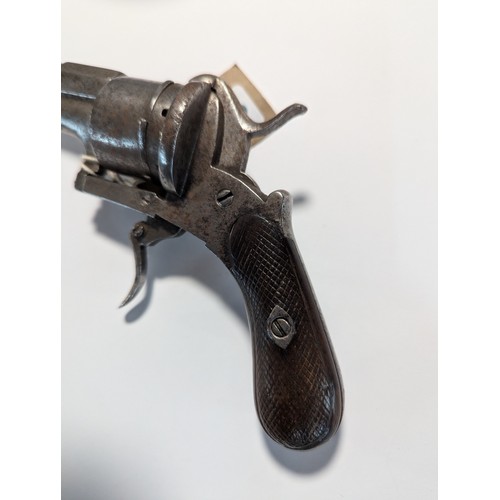 594 - Late 19th century pin firing revolver, circa 1880, possibly Belgian, stamped R, length 26cm