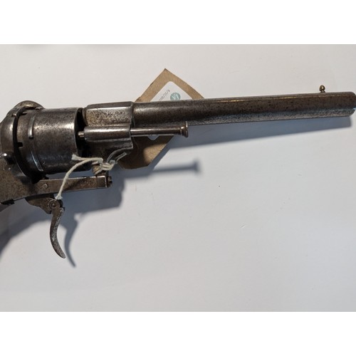 594 - Late 19th century pin firing revolver, circa 1880, possibly Belgian, stamped R, length 26cm