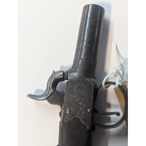 596 - 19th century percussion muff pistol, marked 'Gort & Co Leicester', with white metal escutcheon, ... 