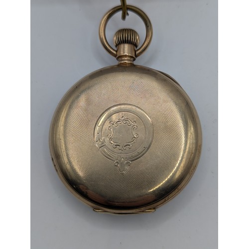 580 - American Waltham U.S.A. Traveller gold plated cased open face pocket watch, the white enamel face wi... 