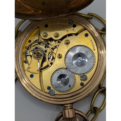 580 - American Waltham U.S.A. Traveller gold plated cased open face pocket watch, the white enamel face wi... 