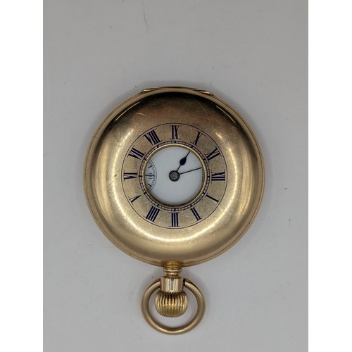 576 - Waltham half hunter, 14ct gold plated pocket watch, movement 7661181, case dia. 55mm, currently runn... 