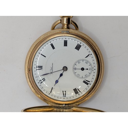 576 - Waltham half hunter, 14ct gold plated pocket watch, movement 7661181, case dia. 55mm, currently runn... 