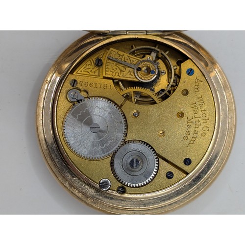 576 - Waltham half hunter, 14ct gold plated pocket watch, movement 7661181, case dia. 55mm, currently runn... 