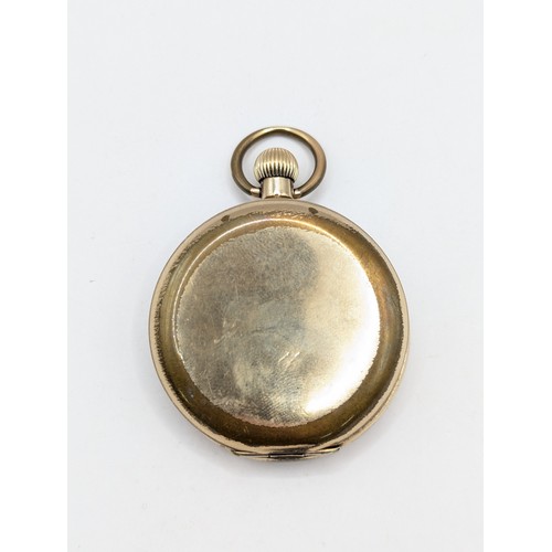 582 - Waltham Giant full hunter, gold plated pocket watch, movement 19398383, case dia. 50mm, currently ru... 