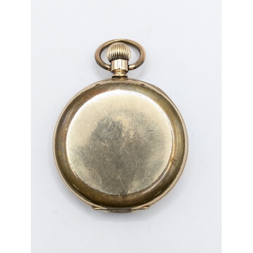 582 - Waltham Giant full hunter, gold plated pocket watch, movement 19398383, case dia. 50mm, currently ru... 