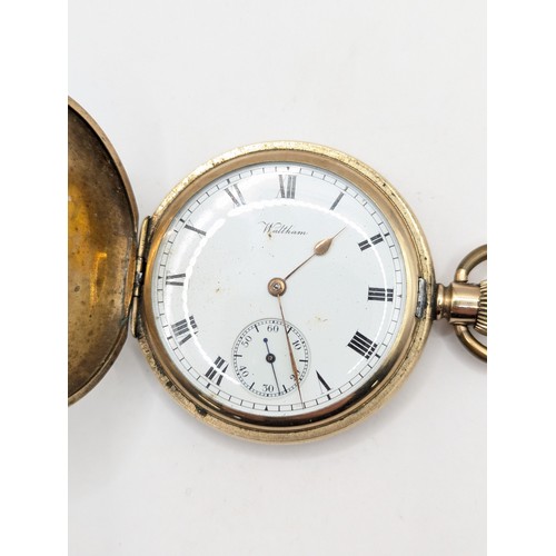 582 - Waltham Giant full hunter, gold plated pocket watch, movement 19398383, case dia. 50mm, currently ru... 