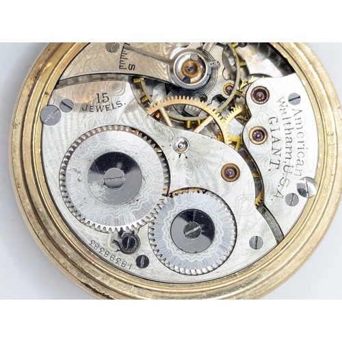 582 - Waltham Giant full hunter, gold plated pocket watch, movement 19398383, case dia. 50mm, currently ru... 