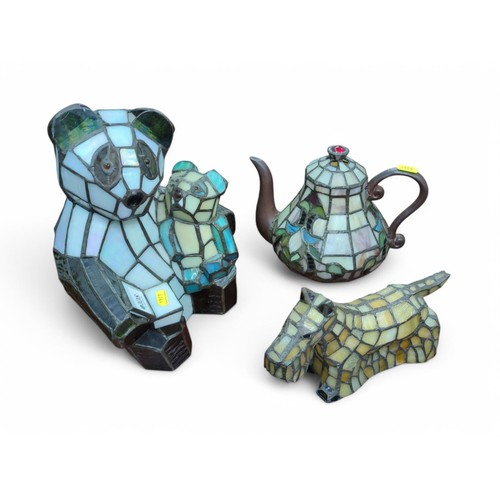 108 - 3 x small Tiffany-style lamps: teapot, Scottie dog and pandas. Tallest 29cm.