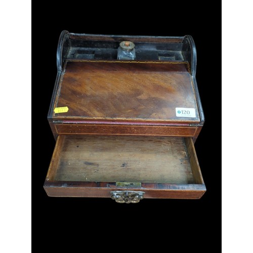 120 - C19 roll top writing box. With side carry handles, fall front writing slope, lower drawer pulls to r... 