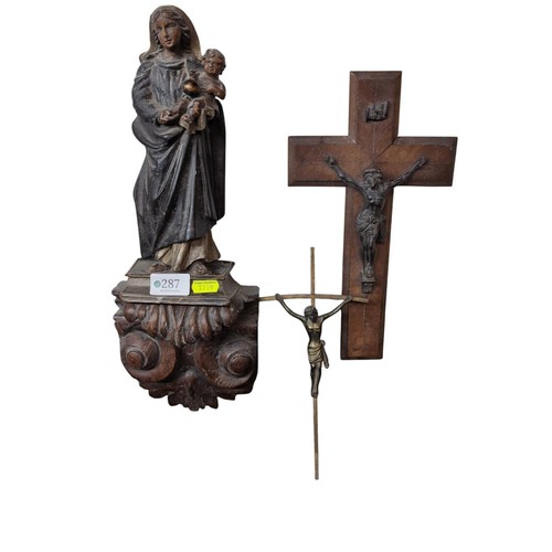 287 - Painted carved wood Virgin Mary & child, height 43cm, together with two crucifixes, one metal an... 