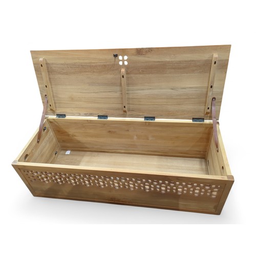 182 - Light oak blanket box by Habitat, with fretwork front. W135cm D50cm H43cm