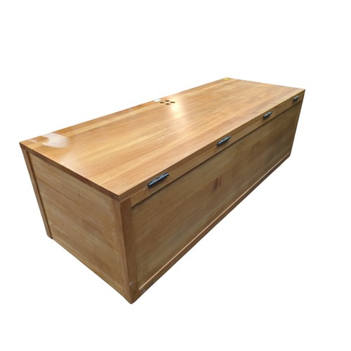 182 - Light oak blanket box by Habitat, with fretwork front. W135cm D50cm H43cm