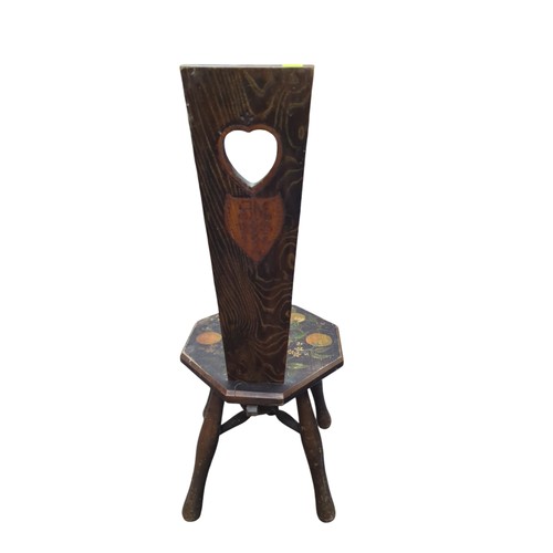 184 - Late Victorian spinning stool, with fruit decoration. Marked 'AM 1893' to rear. H88cm