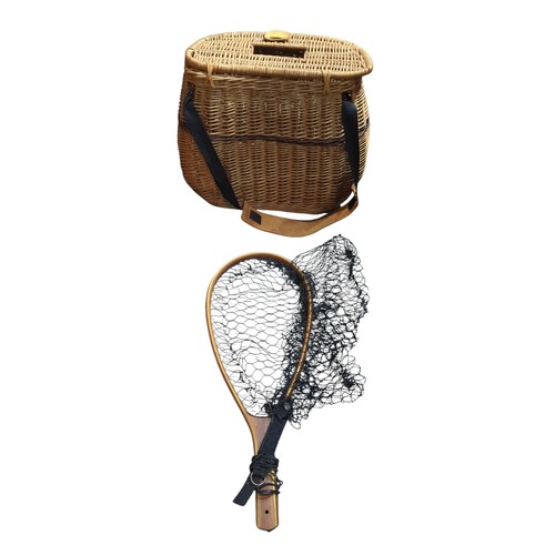 198 - Wicker fishing Creel + wooden trout net