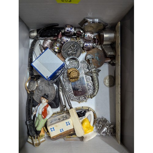 206 - Mixed box of small curios inc. bone ruler, costume jewellery, whistles, watches etc.