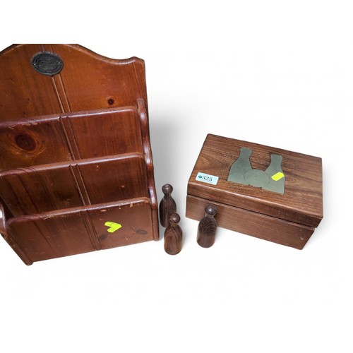 325 - Wooden box containing table skittles and letter rack