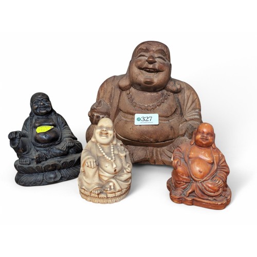 327 - Four Buddha figures, including one large carved wooden, height 20cm, and three resin