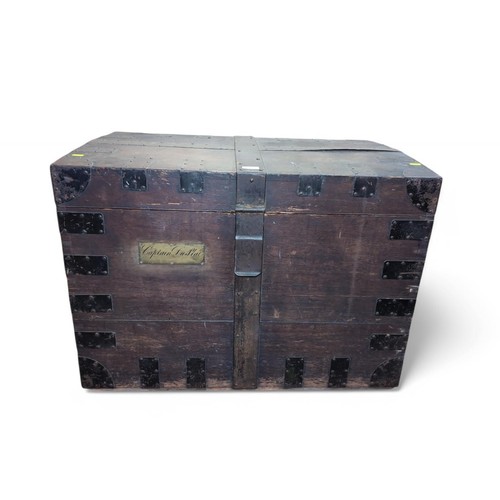 371 - Large travel chest with metal banding. Inner label reads: Lambert Goldsmiths, Jewellers and Silversm... 