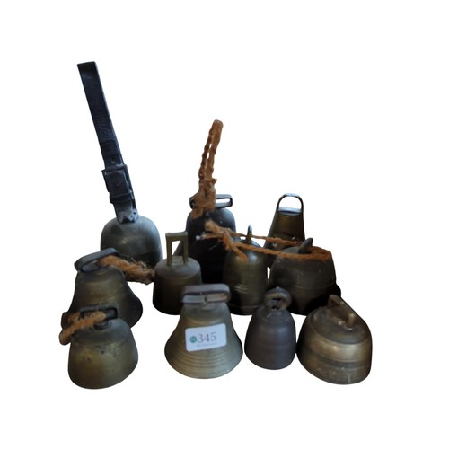 345 - Ten assorted bells, including animal bells, one with leather collar