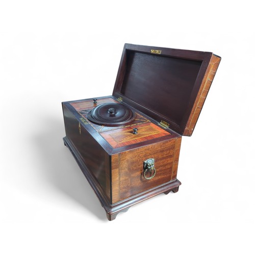 290 - Early 19th century inlaid mahogany tea caddy, with lion head ring handles, wooden rose bowl, with ke... 