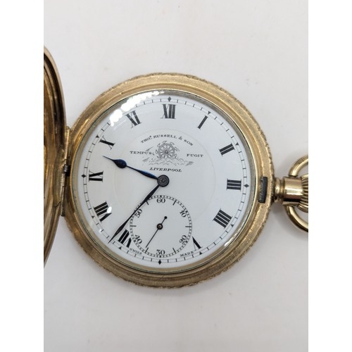 577 - Gold plated full hunter pocket, watch face marked Thomas Russell and Son, Liverpool, with subsidiary... 