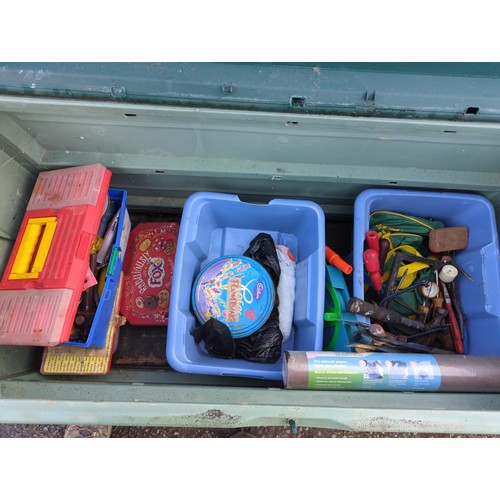 47 - Green plastic garden storage box with tool contents. W122cm D53cm H61cm.