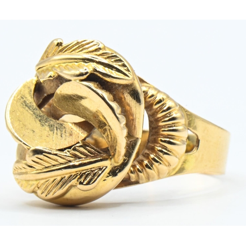 4 - High grade yellow metal feather / leaf design ring, stamped 18K with Italian marks, size N, 4 grams... 