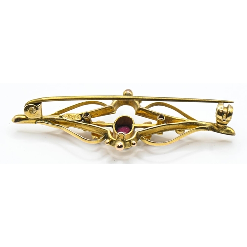 30 - Yellow metal, garnet and seed pearl bar brooch, marked 9CT, tested as 9ct gold, with base metal pin,... 