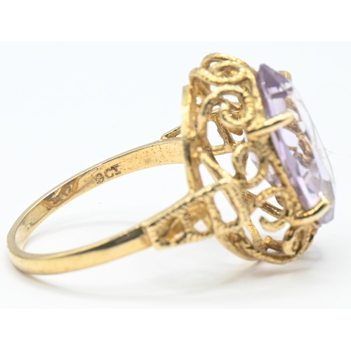 31 - Yellow metal mounted amethyst ring, shank stamped 9CT, tested as 9ct gold, size O, gross weight 3.58... 