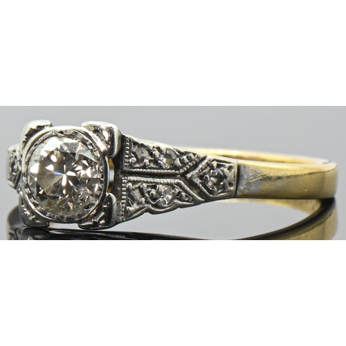 39 - Art Deco yellow metal and diamond ring, centring a round transition-cut diamond weighing approximate... 