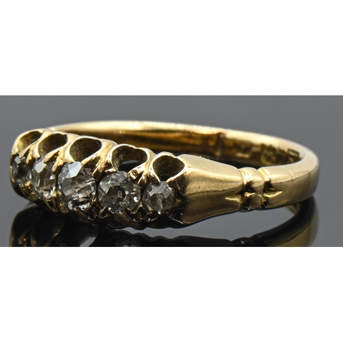 40 - Gold and diamond five stone diamond ring, partial hallmarks, tested as 18ct gold, size G, gross weig... 