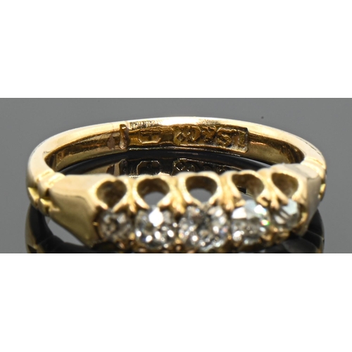 40 - Gold and diamond five stone diamond ring, partial hallmarks, tested as 18ct gold, size G, gross weig... 