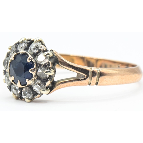 44 - Yellow metal, sapphire and diamond cluster ring, marked 9CT, tested as 9ct gold, size N1/2, gross we... 