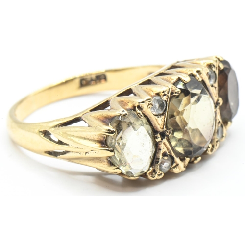 46 - 9ct gold, three stone citrine and white stone accented ring, hallmarked, size O, gross weight 4.17 g... 