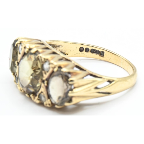 46 - 9ct gold, three stone citrine and white stone accented ring, hallmarked, size O, gross weight 4.17 g... 