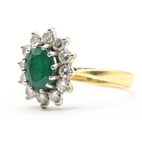 50 - 18ct gold, emerald and diamond cluster ring, hallmarked London 1997, size P1/2, gross weight 4.36 gr... 