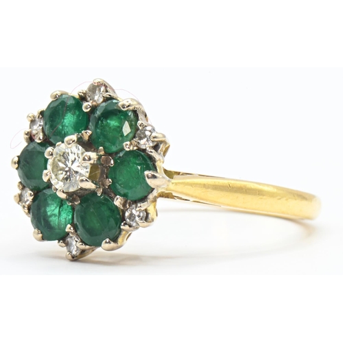 51 - Emerald and diamond cluster ring, the yellow metal mount marked 18CT, tested as 18ct gold, size N, g... 