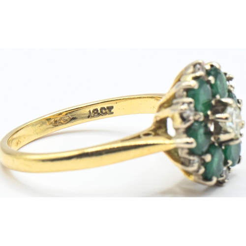 51 - Emerald and diamond cluster ring, the yellow metal mount marked 18CT, tested as 18ct gold, size N, g... 