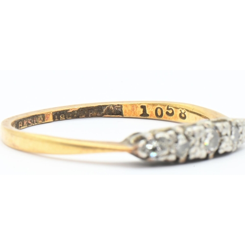 78 - Yellow metal five stone diamond ring, marked 18CT & PLAT, yellow metal tested as 18ct gold, size... 