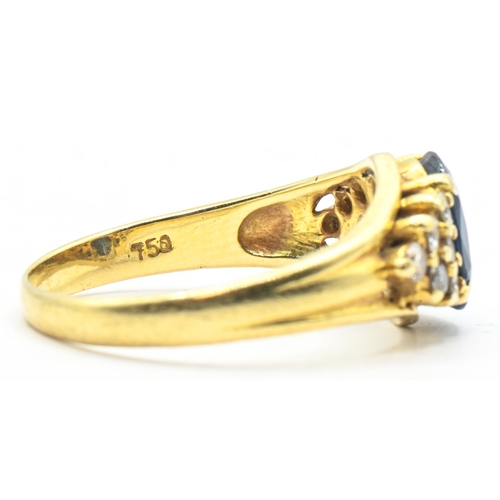 83 - Sapphire and diamond ring, the yellow metal shank stamped 750, tested as 18ct gold, size N, gross we... 