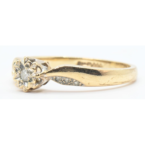 93 - 9ct gold and diamond solitaire ring, with diamond chip set shoulders, hallmarked, size M, gross weig... 