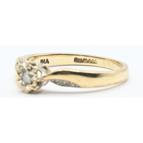 93 - 9ct gold and diamond solitaire ring, with diamond chip set shoulders, hallmarked, size M, gross weig... 