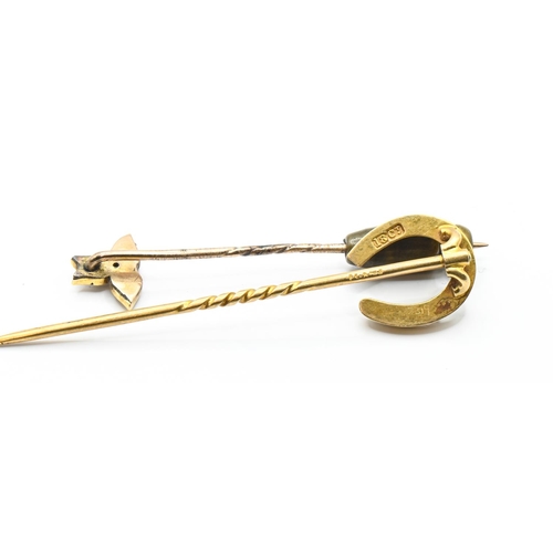 105 - Yellow metal horseshoe stick pin, marked 18CT and tested as 18ct gold, 3.23 grams, together wit... 