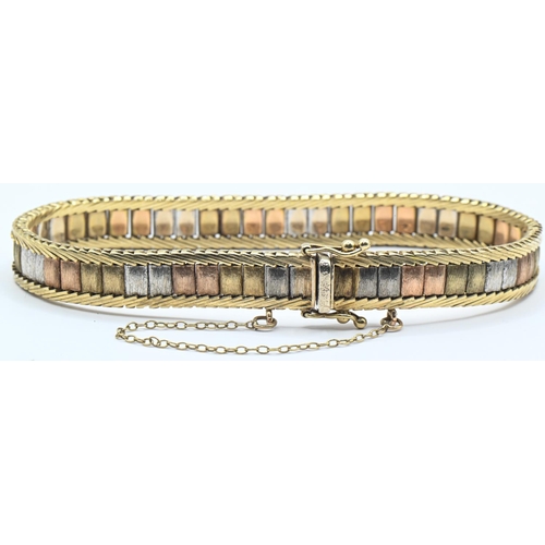 114 - 9ct tri-colour brushed gold and chevron bracelet with yellow gold chevron border, import h... 