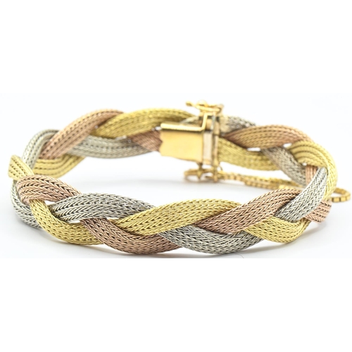 115 - High grade tri-colour yellow metal plaited bracelet, stamped 750 with Arabic marks, with safety... 