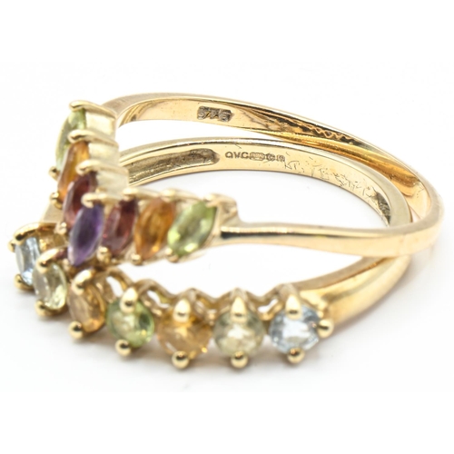 155 - Two multi-gem rings, comprising one hallmarked for 9ct gold, size Q1/2; and a wishbone ring sta... 